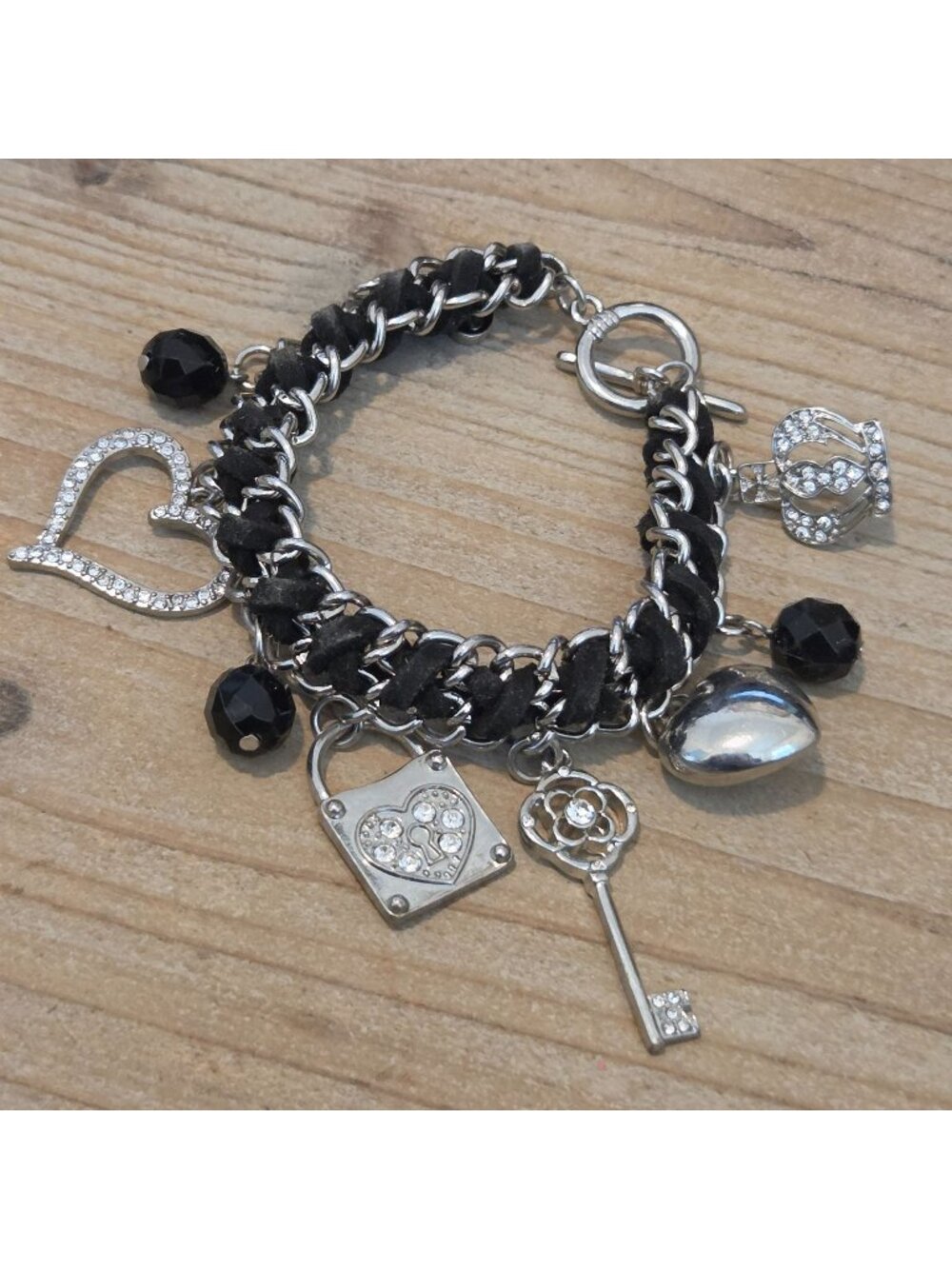 GUESS Silver & Black Love 7.5" Charm Bracelet